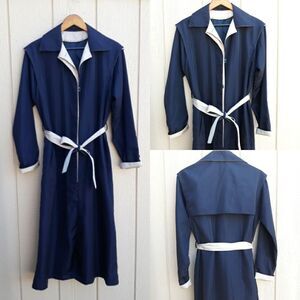 Vtg Trench Rain Coat‎ Long Belted Sailor Back Color Blocked Black Cream Sz 6T